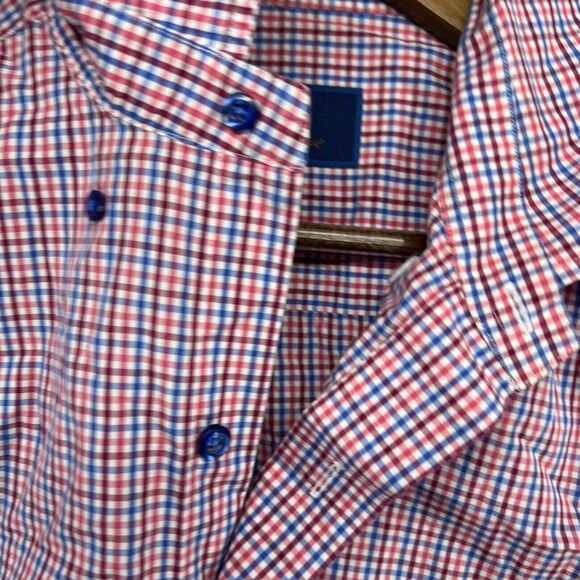 David Donahue Shirt Mens Large Blue Red Gingham Plaid Check Button Cotton Oxford - Picture 8 of 11